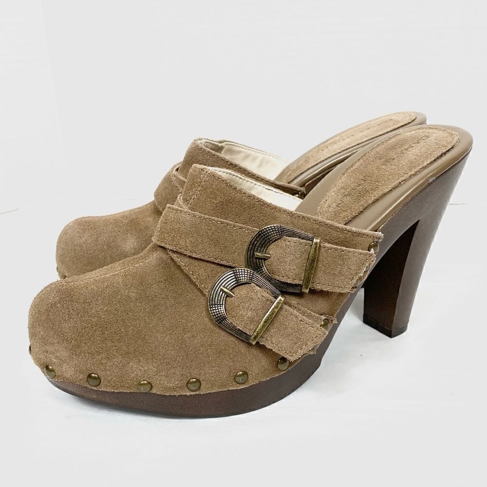 Dana Buchman y2k Tan Suede Buckle & Stud Accent Clog Mules